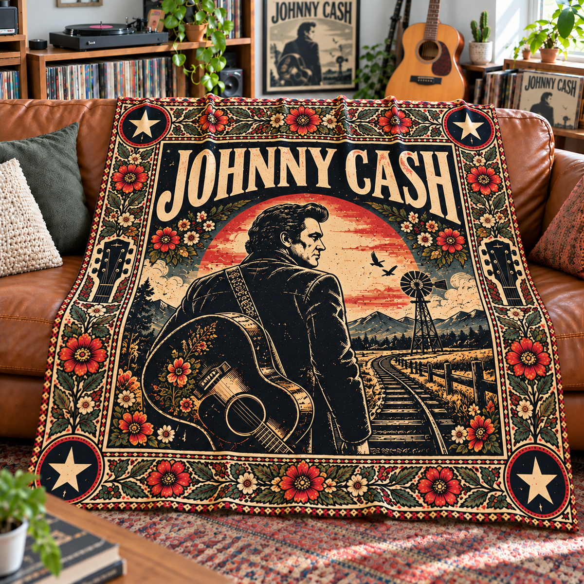 Johnny Cash Sherpa Throw Blanket - Acoustic Guitar & Train Track Soft Cover - Outlaw Country Music Legend Unique Gift Idea