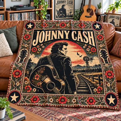 Johnny Cash Sherpa Throw Blanket - Acoustic Guitar & Train Track Soft Cover - Outlaw Country Music Legend Unique Gift Idea