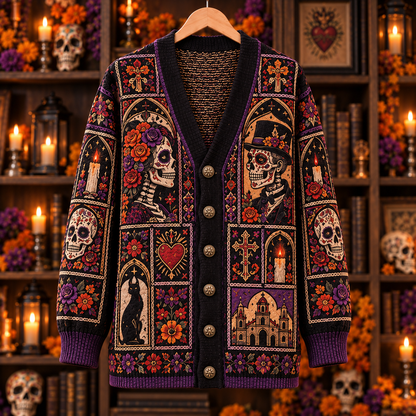 Day of the Dead Cardigan, Sugar Skull Gothic Knit Sweater, Dia de los Muertos Floral Cardigan, Mexican Folk Art Alternative Gift