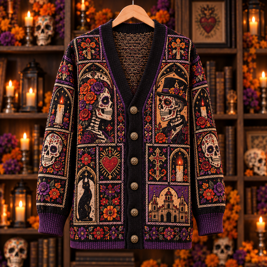 Day of the Dead Cardigan, Sugar Skull Gothic Knit Sweater, Dia de los Muertos Floral Cardigan, Mexican Folk Art Alternative Gift