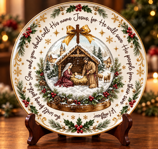 Christian Christmas Nativity Ceramic Plate – Jesus Birth Decorative Plate, Matthew 1:21 Bible Verse, Religious Christmas Decor, Christian Holiday Gift