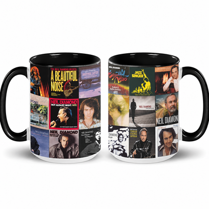 Neil Diamond Black Two-Tone Accent Coffee Mug - Classic Band Album Covers Collage Mug