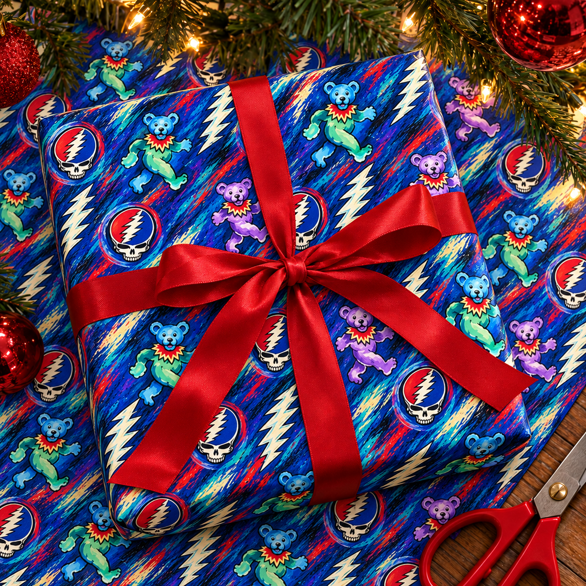 Grateful Dead Dancing Bears Wrapping Paper - Steal Your Face Psychedelic Rock Gift Wrap