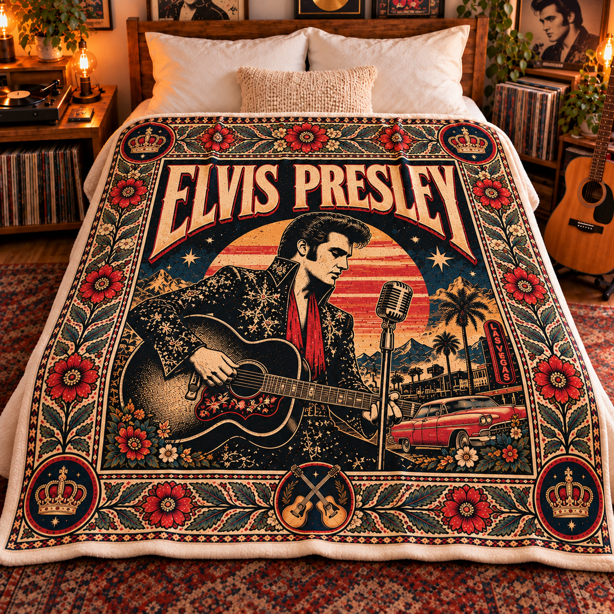 Elvis Presley Sherpa Throw Blanket - King of Rock Guitar & Crown Soft Cover - Vegas Era Music Legend Fan Unique Gift Idea