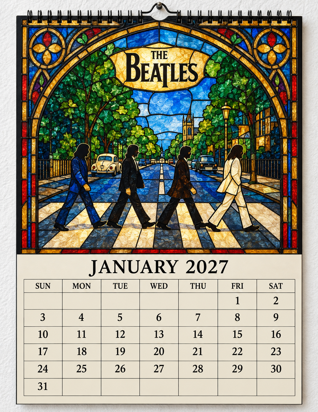 The Beatles 2027 Stained Glass Calendar – Vintage Beatles Wall Calendar, Music Lover Gift