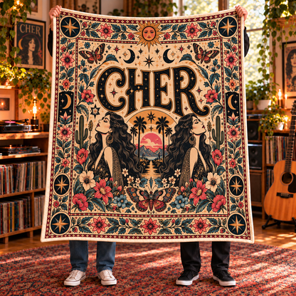 Cher Sherpa Throw Blanket - Celestial Boho Portrait & Sun Soft Plush Cover - Goddess of Pop Music Legend Fan Unique Gift Idea