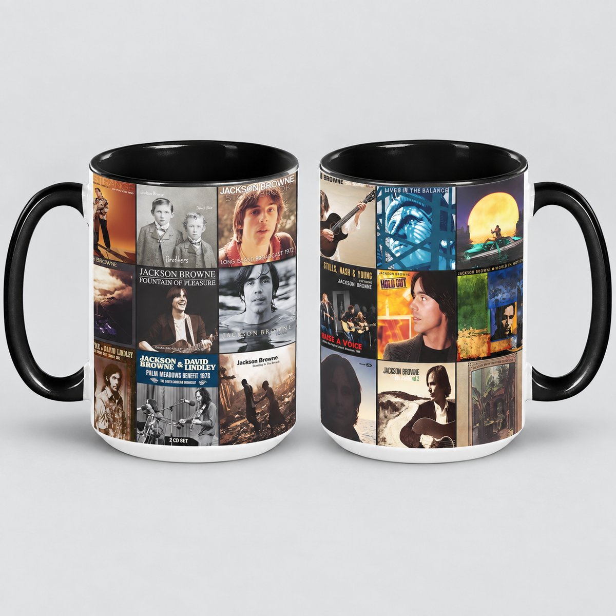 Jackson Browne Black Two-Tone Accent Coffee Mug - Classic Band Album Covers Collage Mug