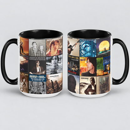 Jackson Browne Black Two-Tone Accent Coffee Mug - Classic Band Album Covers Collage Mug