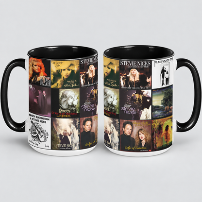 Stevie Nicks Black Two-Tone Accent Coffee Mug - Classic Band Album Covers Collage Mug