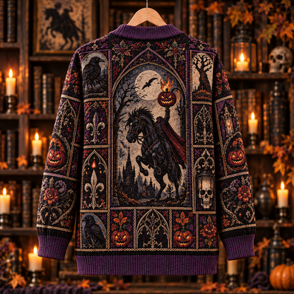 Headless Horseman Cardigan, Sleepy Hollow Halloween Knit Sweater, Gothic Pumpkin Rider Cardigan, Dark Academia Fall Gift