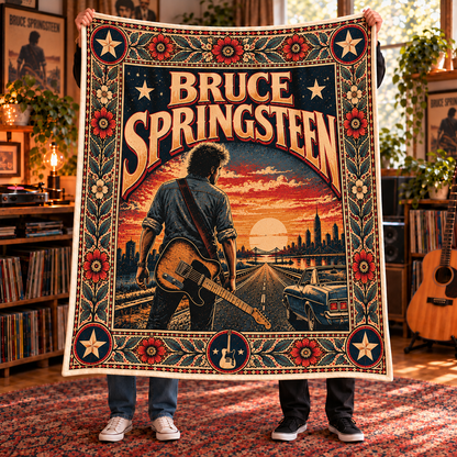 Bruce Springsteen Sherpa Throw Blanket - Telecaster Guitar & Muscle Car Soft Cover - Heart Rock Music Legend Fan Gift Idea