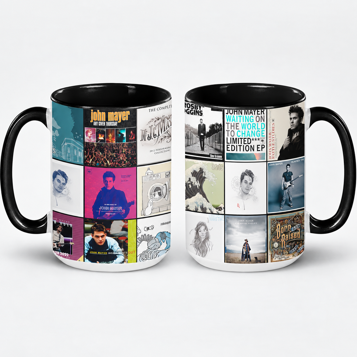 John Mayer Black Two-Tone Accent Coffee Mug - Classic Band Album Covers Collage Mug