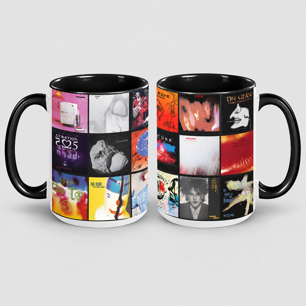 The Cure Black Two-Tone Accent Coffee Mug - Classic Rock Band Album Covers Collage Mug
