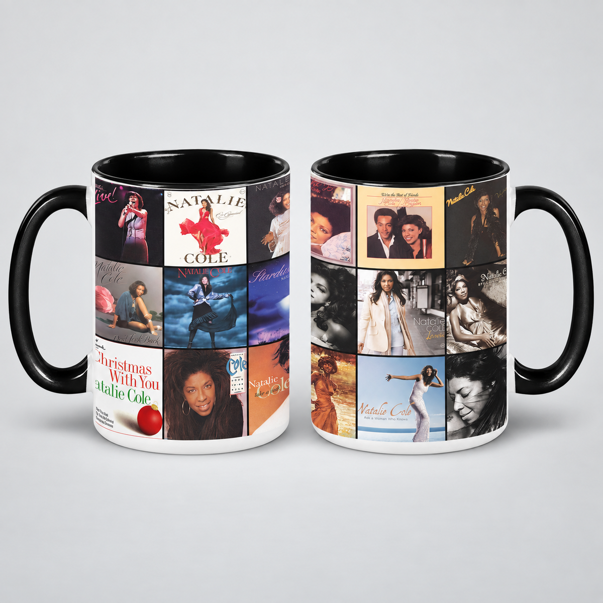 Natalie Cole Black Two-Tone Accent Coffee Mug - Classic Band Album Covers Collage Mug