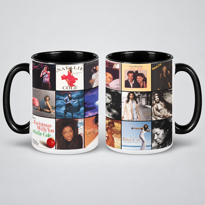 Natalie Cole Black Two-Tone Accent Coffee Mug - Classic Band Album Covers Collage Mug