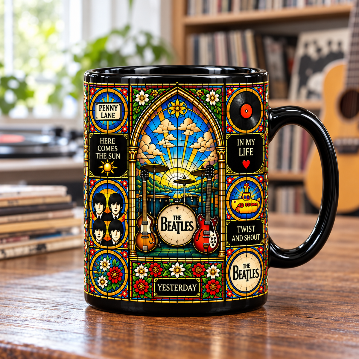 The Beatles Stained Glass Ceramic Coffee Mug - Abbey Road & Yellow Submarine Cup - Rock Band Fan Unique Gift Idea