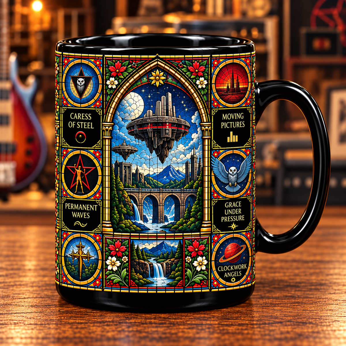 Rush Stained Glass Ceramic Coffee Mug - Starman Red Star & Owl Cup - Progressive Rock Band Fan Unique Gift Idea