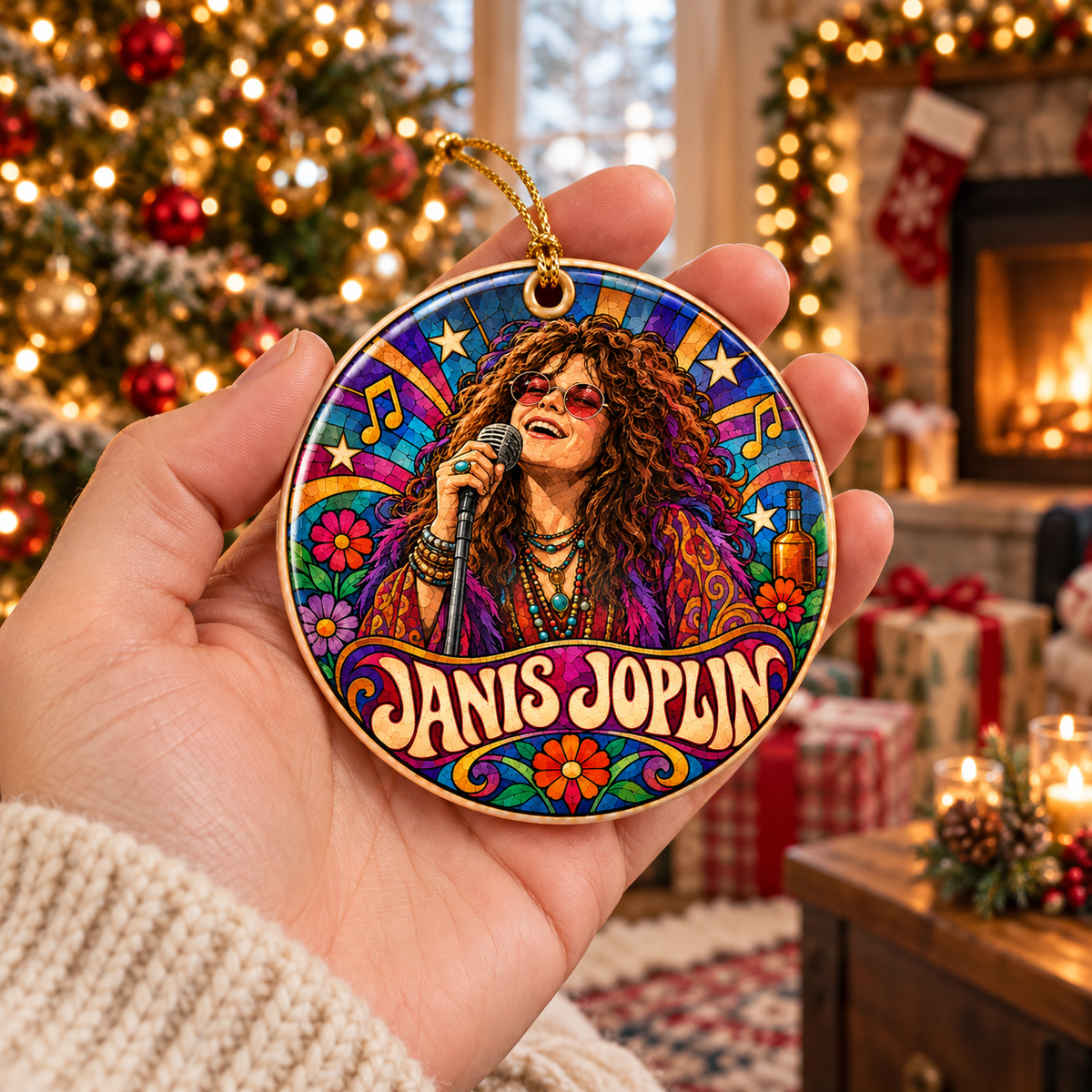 Janis Joplin Stained Glass Ceramic Ornament, 60s Psychedelic Rock Legend Christmas Tree Decor