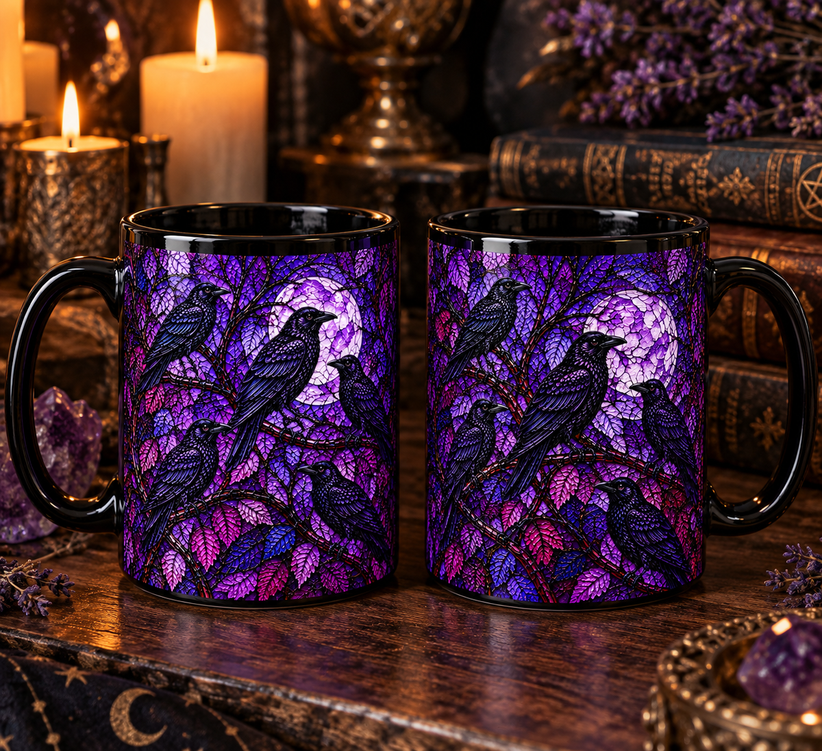 Stained Glass Purple Raven Coffee Mug – Gothic Full Moon Crow Mosaic Ceramic Cup