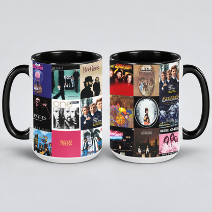 Bee Gees Black Two-Tone Accent Coffee Mug - Classic Rock Band Album Covers Collage Mug