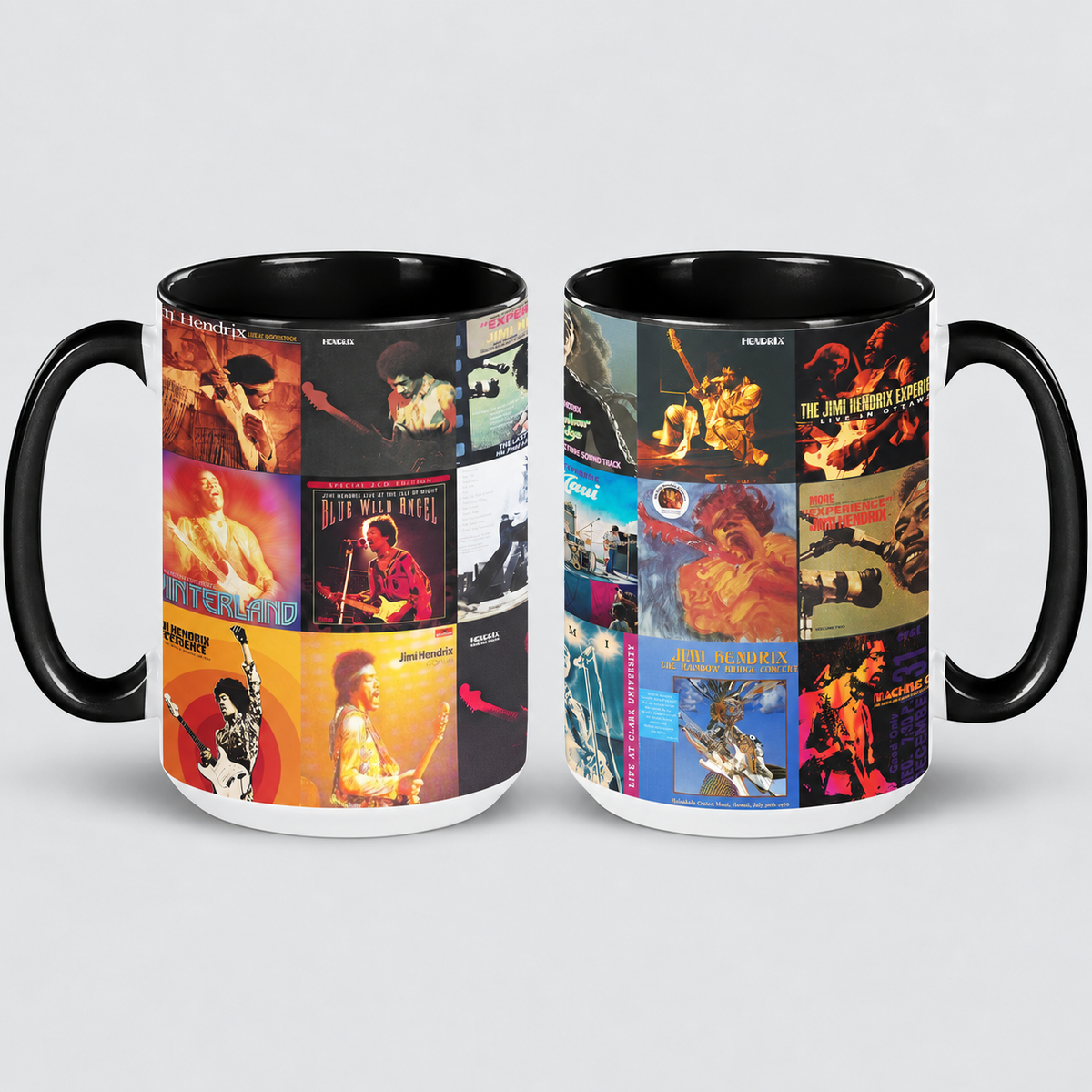 Jimi Hendrix Black Two-Tone Accent Coffee Mug - Classic Rock Band Album Covers Collage Mug