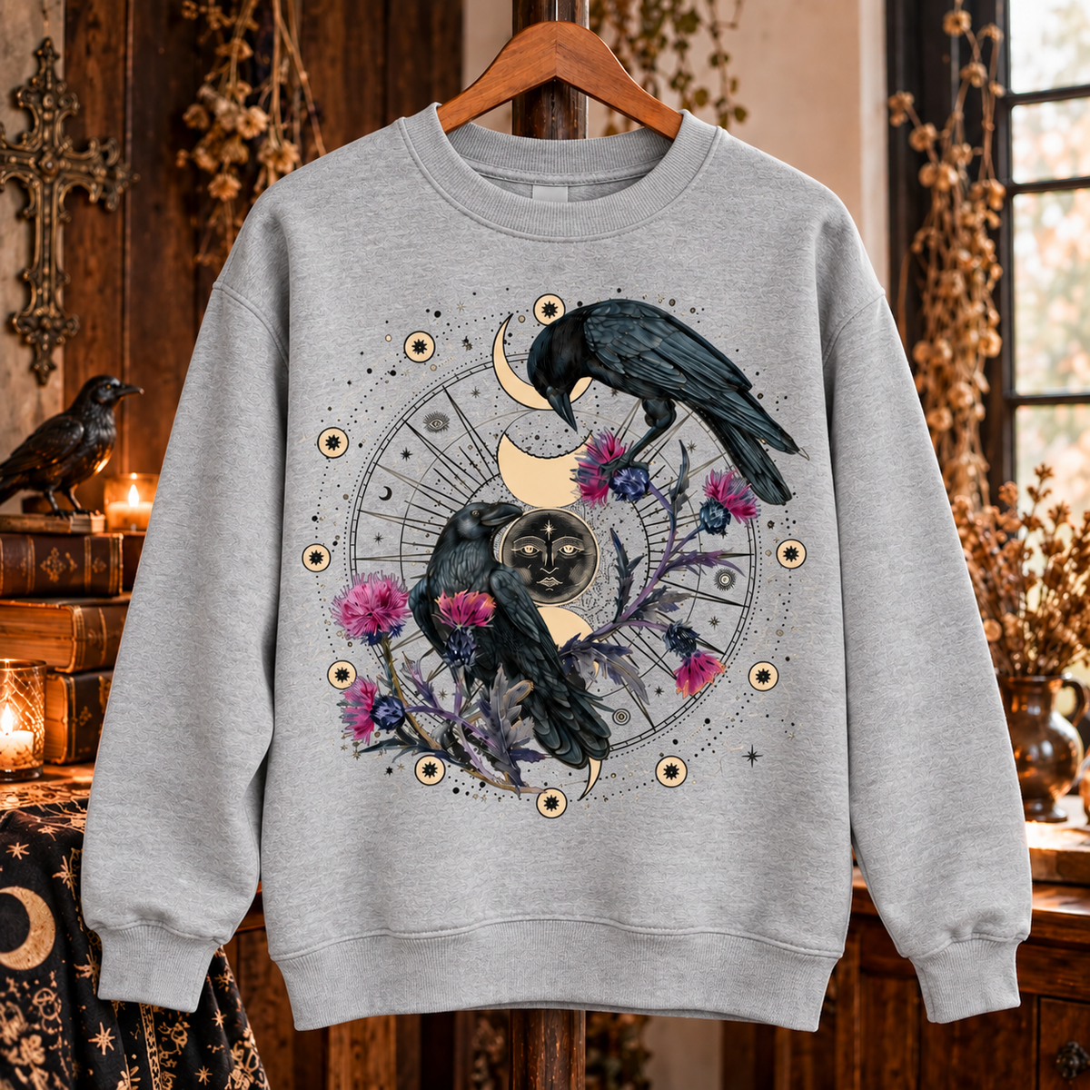 Celestial Raven Sweater, Gothic Crow Moon Sweatshirt, Witchy Raven Crewneck, Mystical Floral Sweater, Dark Academia Bird Gift