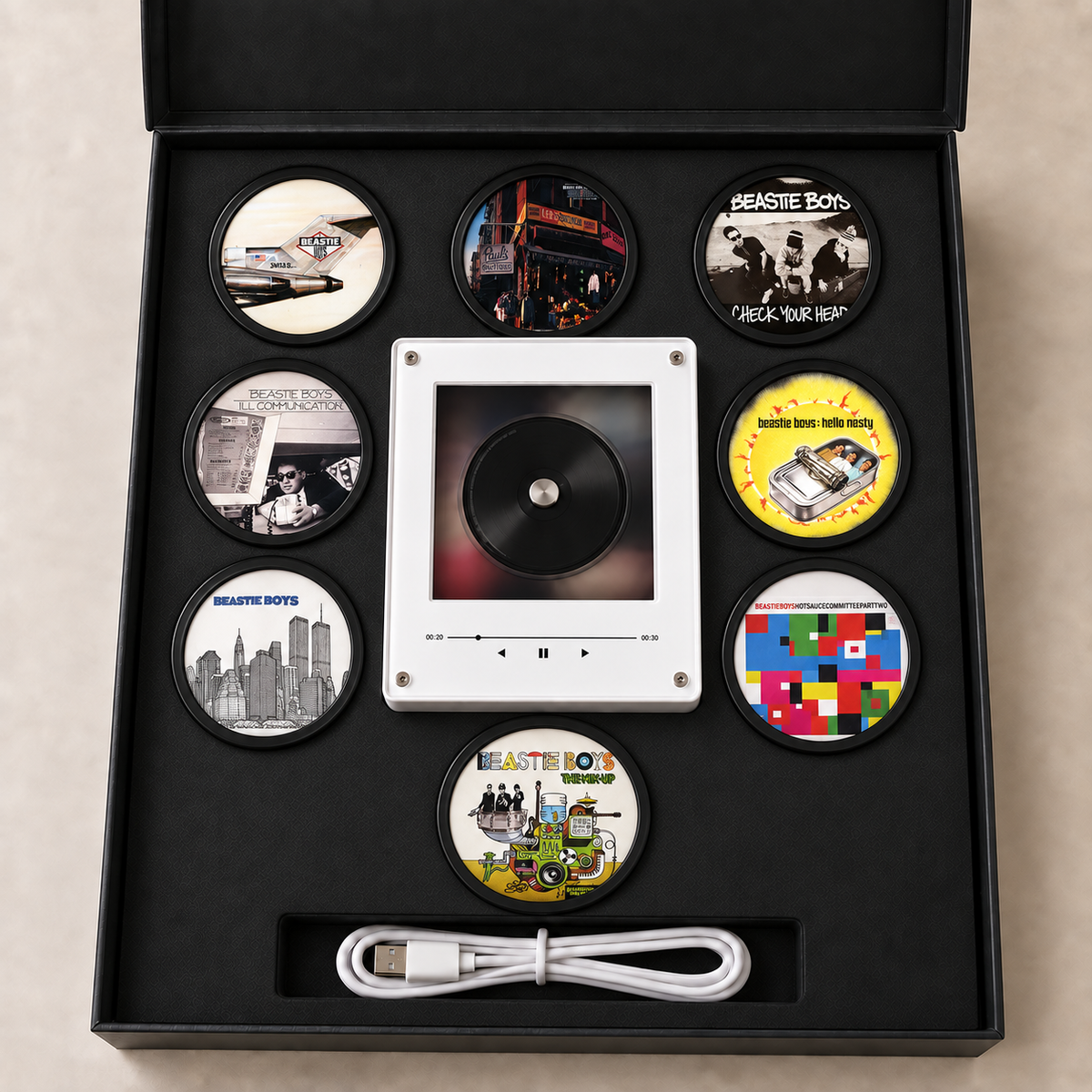 Beastie Boys MagTune Music Player - Retro Mini Vinyl Record Disc Player Style Night Light with Interchangeable Album Art Coasters & USB Cable