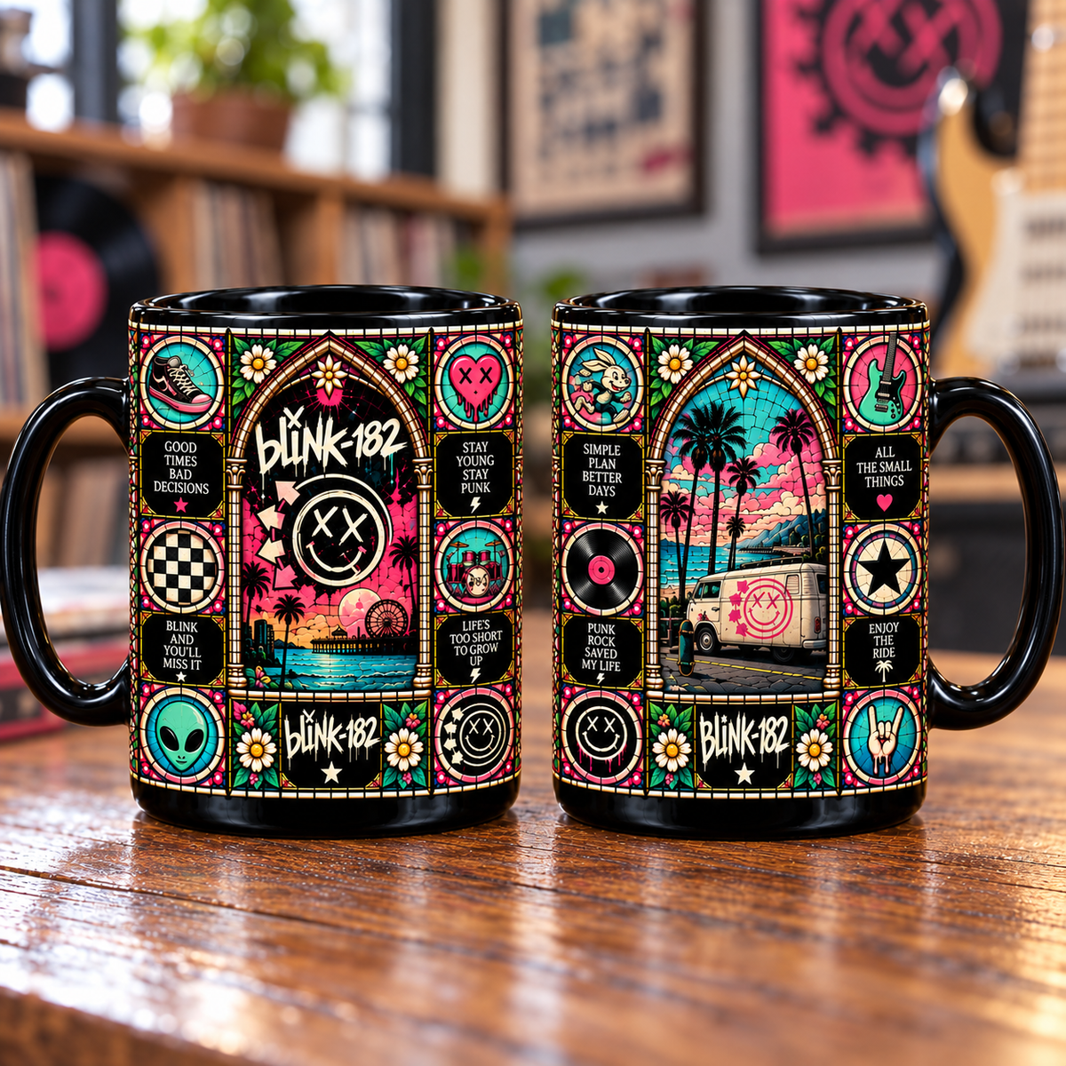 blink-182 Stained Glass Ceramic Coffee Mug - XX Smiley & Alien Cup - Pop Punk Rock Band Music Fan Unique Gift Idea