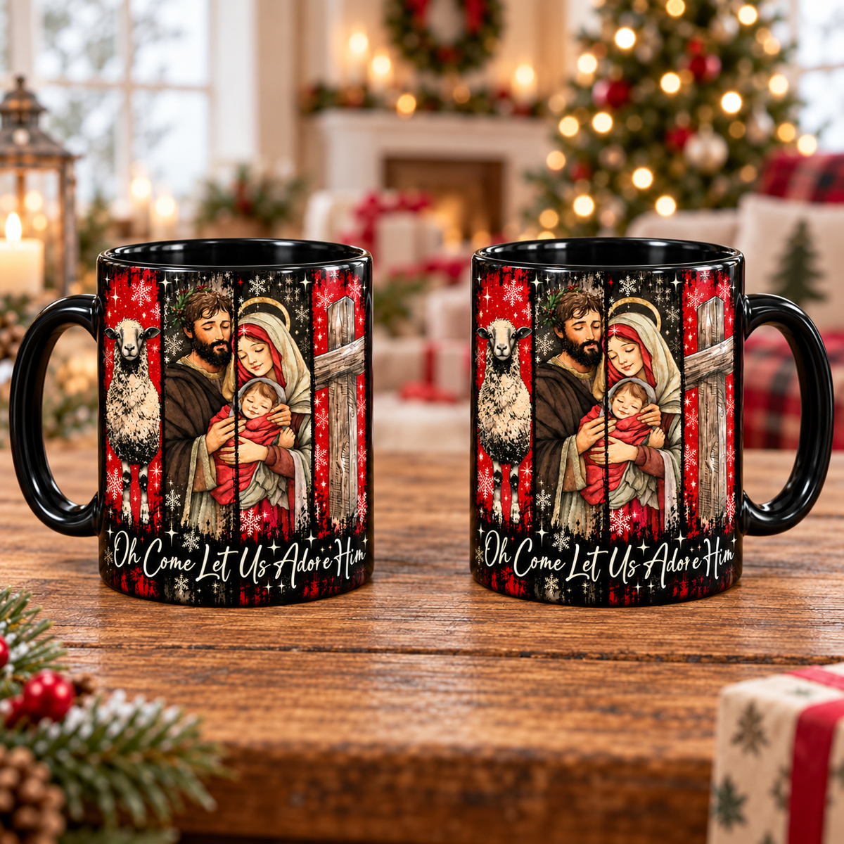 Holy Family Christmas Coffee Mug, Oh Come Let Us Adore Him Christmas Mug, Christian Religious Holiday Mug