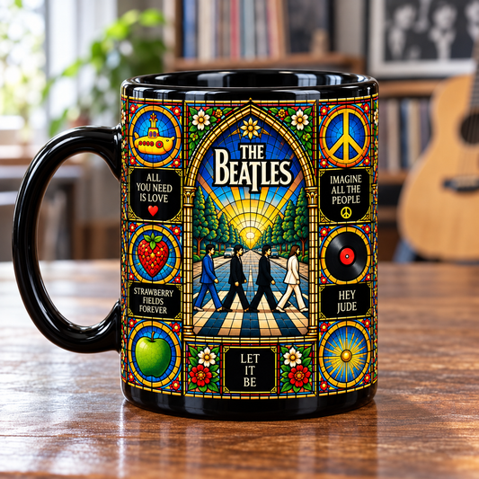 The Beatles Stained Glass Ceramic Coffee Mug - Abbey Road & Yellow Submarine Cup - Rock Band Fan Unique Gift Idea