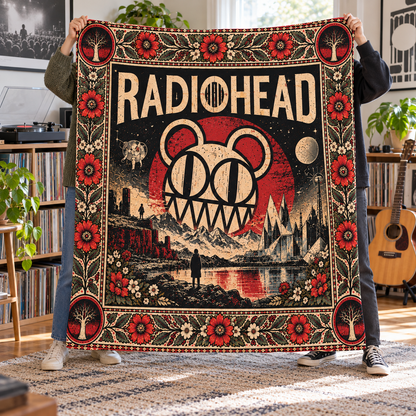 Radiohead Sherpa Throw Blanket - Modified Bear & Kid A Mountain Soft Cover - Alternative Rock Music Band Fan Unique Gift Idea