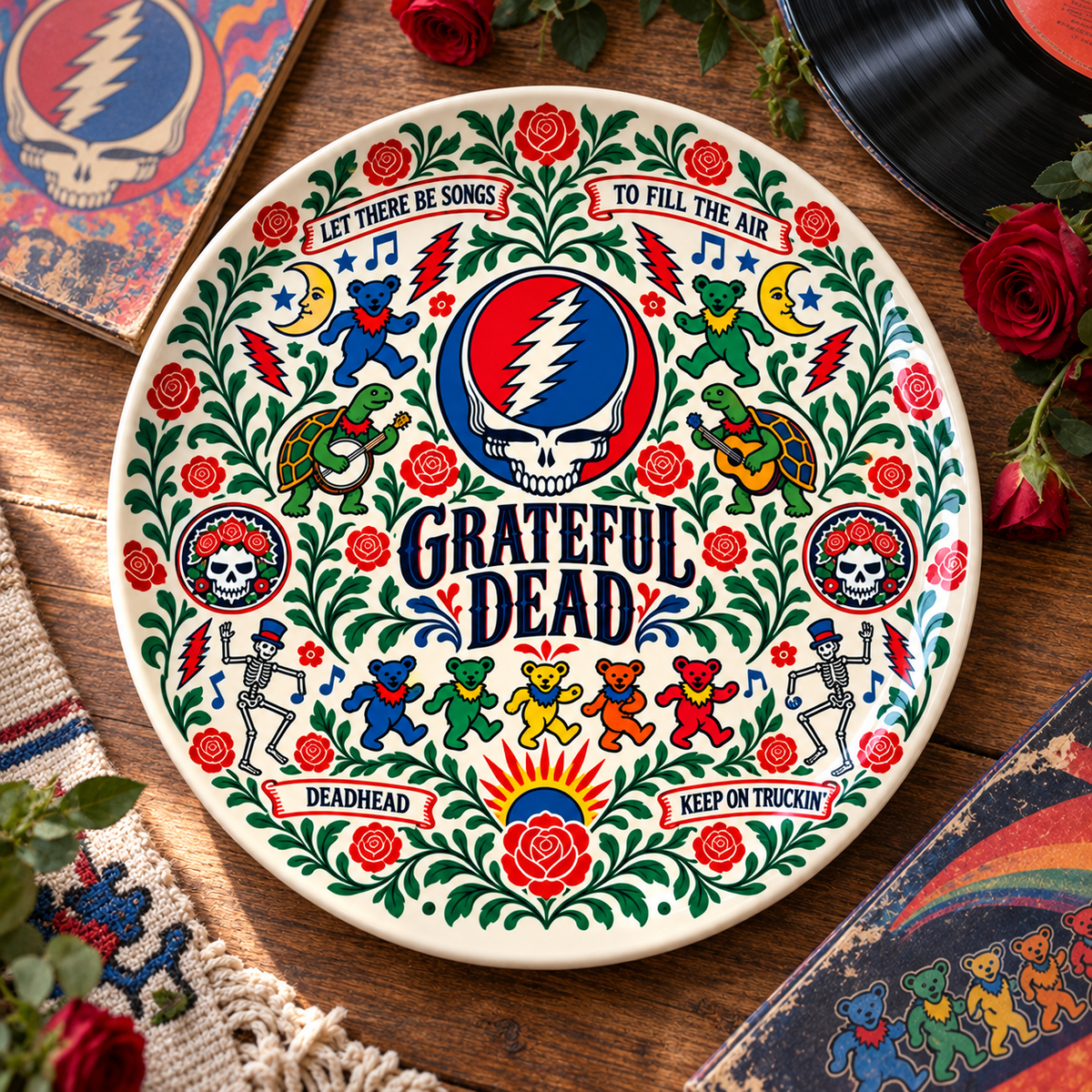 Grateful Dead Nordic Folk Art Decorative Ceramic Plate – Steal Your Face Skull, Dancing Bears, Scandinavian Style Home Decor, Unique Deadhead Gift