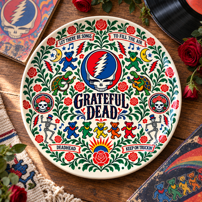 Grateful Dead Nordic Folk Art Decorative Ceramic Plate – Steal Your Face Skull, Dancing Bears, Scandinavian Style Home Decor, Unique Deadhead Gift