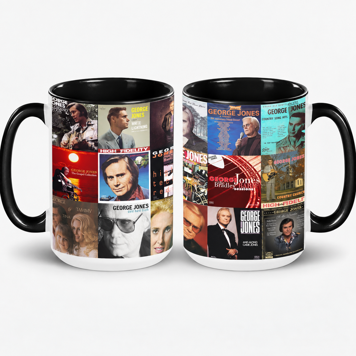 George Jones Black Two-Tone Accent Coffee Mug - Classic Band Album Covers Collage Mug
