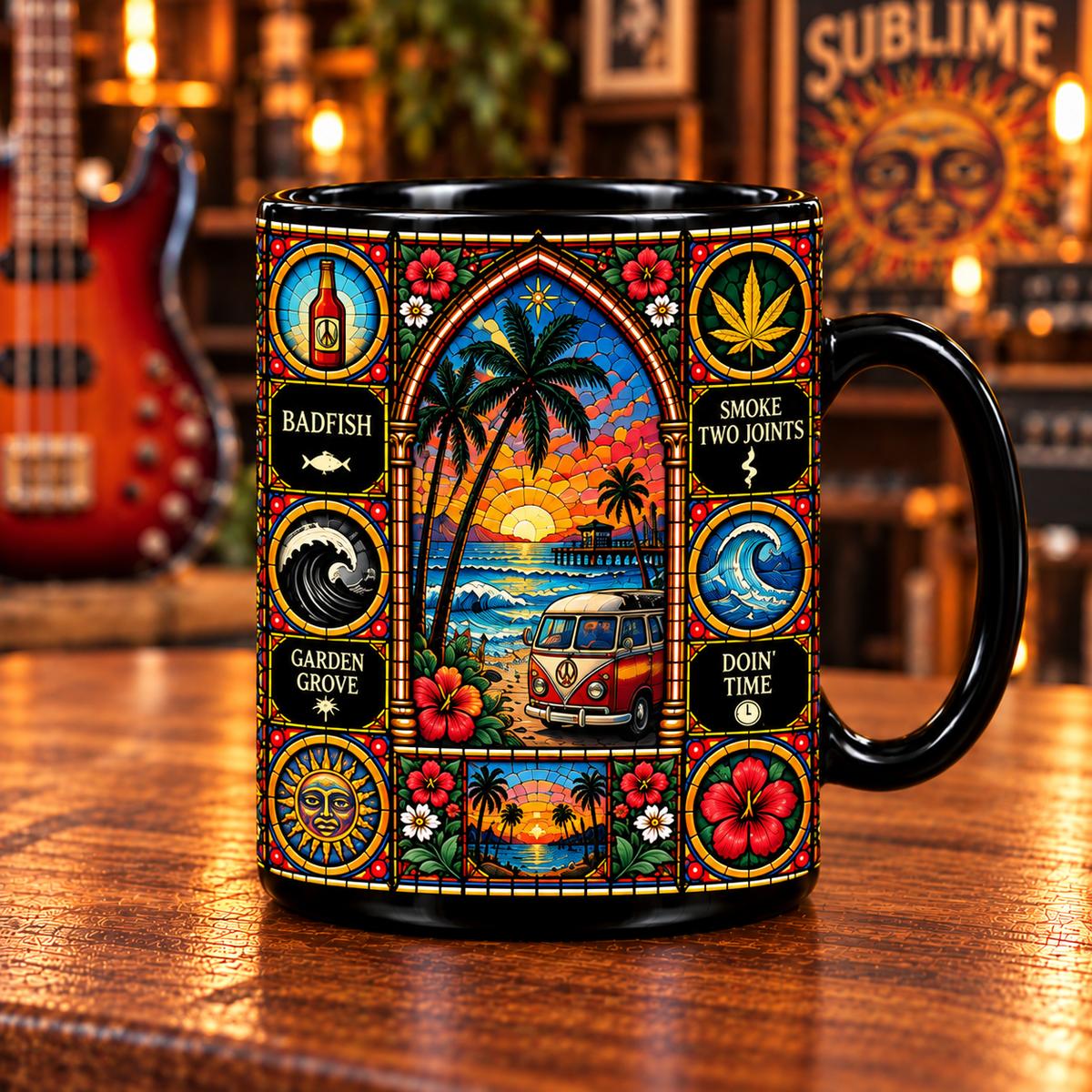 Sublime Stained Glass Art Mug – Reggae Rock Black Ceramic Coffee Cup, Santeria Inspired Double-Sided Design, Unique Gift for Sublime Fans