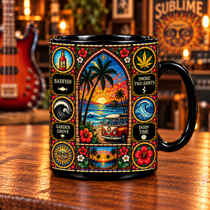 Sublime Stained Glass Art Mug – Reggae Rock Black Ceramic Coffee Cup, Santeria Inspired Double-Sided Design, Unique Gift for Sublime Fans