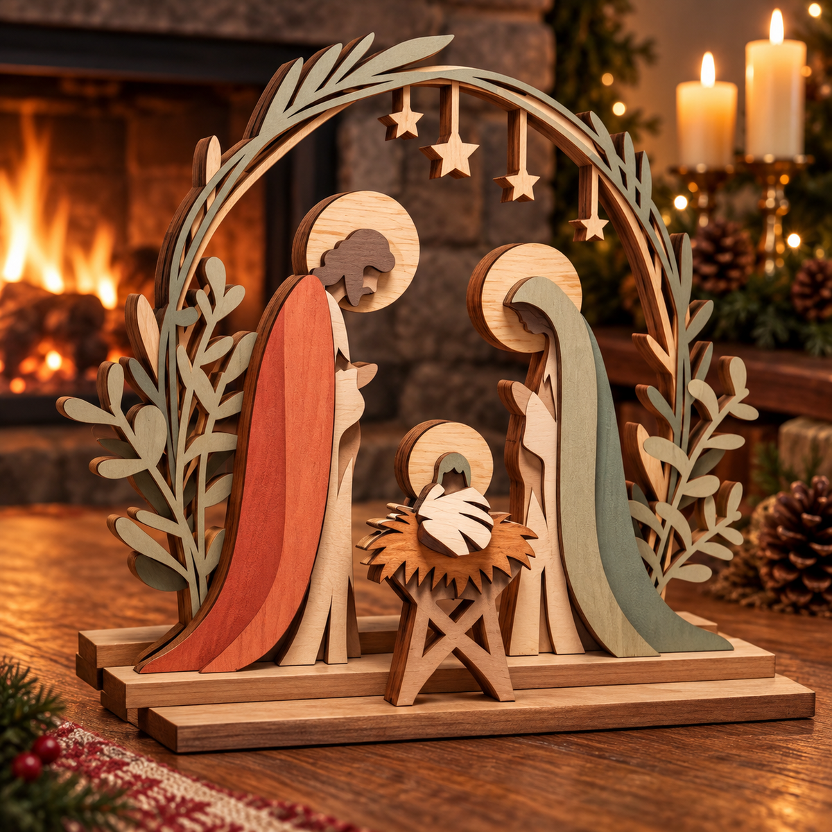 3D Layered Wooden Nativity Scene Plaque – Holy Family Tabletop Decor, Rustic Christian Christmas Home Decor
