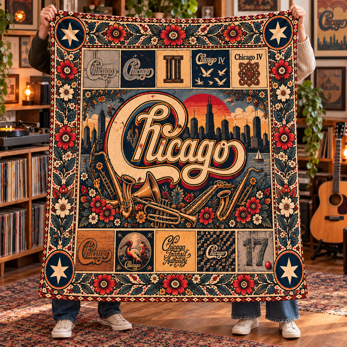 Chicago Band Sherpa Throw Blanket - Horn Section Brass & Skyline Soft Cover - Jazz Rock Music Legend Fan Unique Gift Idea
