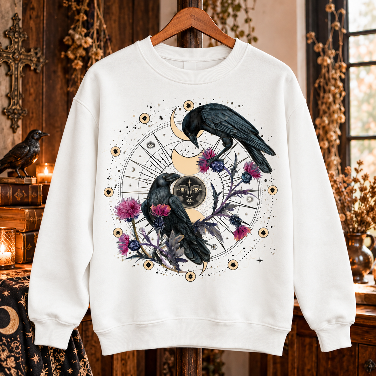 Celestial Raven Sweater, Gothic Crow Moon Sweatshirt, Witchy Raven Crewneck, Mystical Floral Sweater, Dark Academia Bird Gift