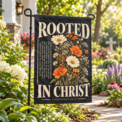 Rooted In Christ Garden Flag - Floral Bible Verse Yard Banner, Christian Outdoor Home & Garden Decor