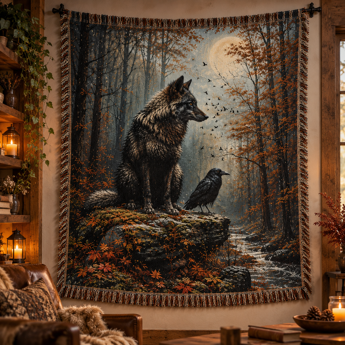 Mystic Wolf and Raven Woven Blanket – Autumn Forest & Full Moon Tapestry Throw Fall Decor