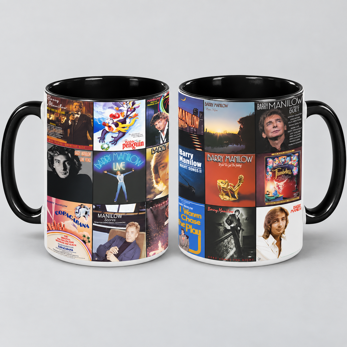 Barry Manilow Black Two-Tone Accent Coffee Mug - Classic Rock Band Album Covers Collage Mug