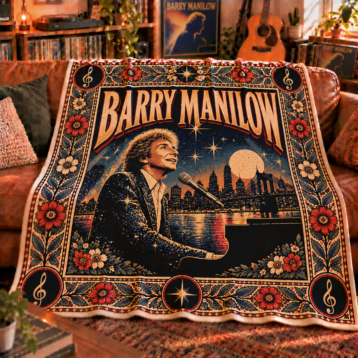 Barry Manilow Sherpa Throw Blanket - Piano & NYC Skyline Soft Plush Cover - Pop Music Legend Fan Unique Birthday Gift Idea