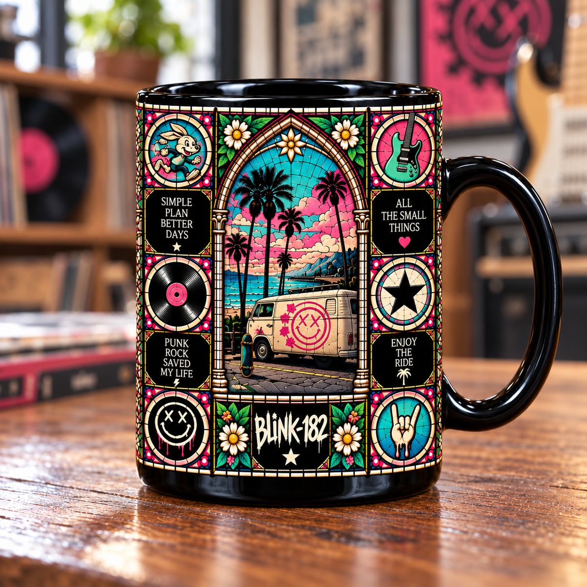 blink-182 Stained Glass Ceramic Coffee Mug - XX Smiley & Alien Cup - Pop Punk Rock Band Music Fan Unique Gift Idea