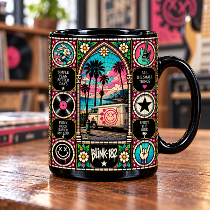 blink-182 Stained Glass Ceramic Coffee Mug - XX Smiley & Alien Cup - Pop Punk Rock Band Music Fan Unique Gift Idea