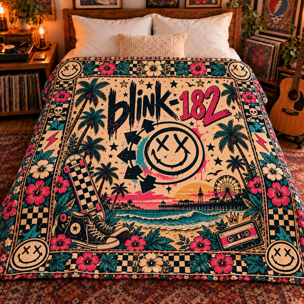 blink-182 Sherpa Throw Blanket - Pop Punk Smiley & Skateboard Soft Plush Cover - California Rock Band Fan Unique Gift Idea