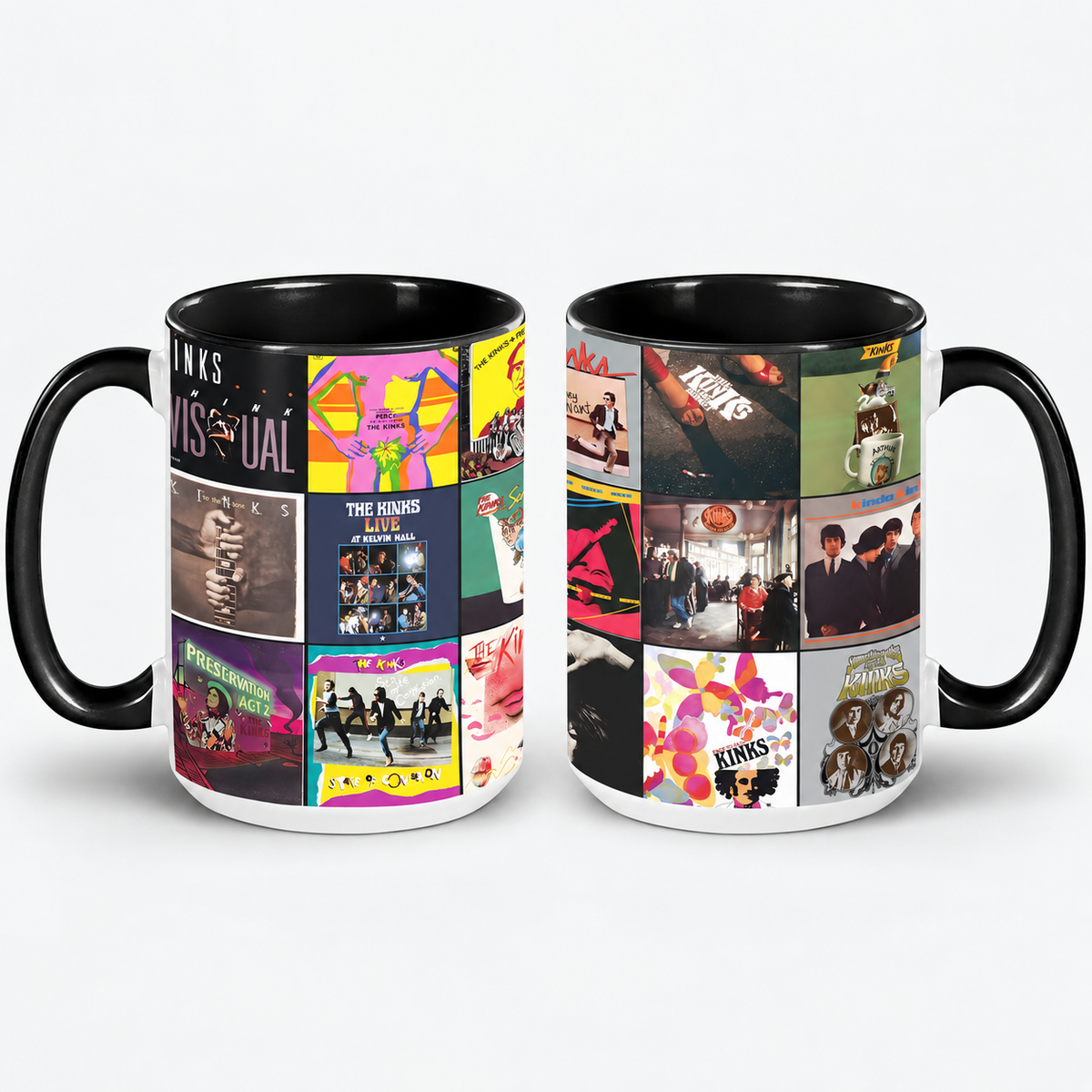 The Kinks Black Two-Tone Accent Coffee Mug - Classic Rock Band Album Covers Collage Mug