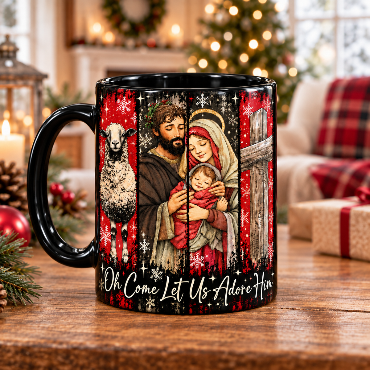 Holy Family Christmas Coffee Mug, Oh Come Let Us Adore Him Christmas Mug, Christian Religious Holiday Mug