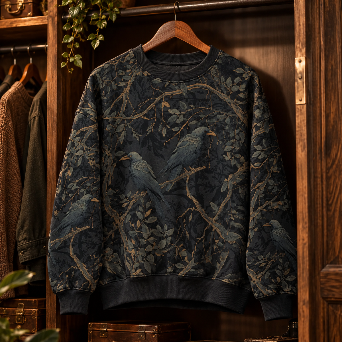 Raven Sweater, Dark Forest Crow Sweater, Gothic Woodland Sweater, All Over Print Raven Sweater, Bird Lover Gift for Men