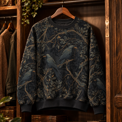 Raven Sweater, Dark Forest Crow Sweater, Gothic Woodland Sweater, All Over Print Raven Sweater, Bird Lover Gift for Men